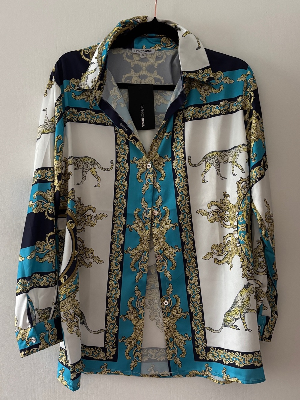 Fashion Nova Teal & White Baroque Print Shirt